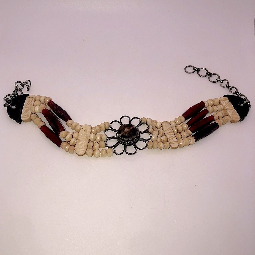 Vtg Carved Bone Petrified Wood & Leather Accent Choker Necklace 12” - 14”